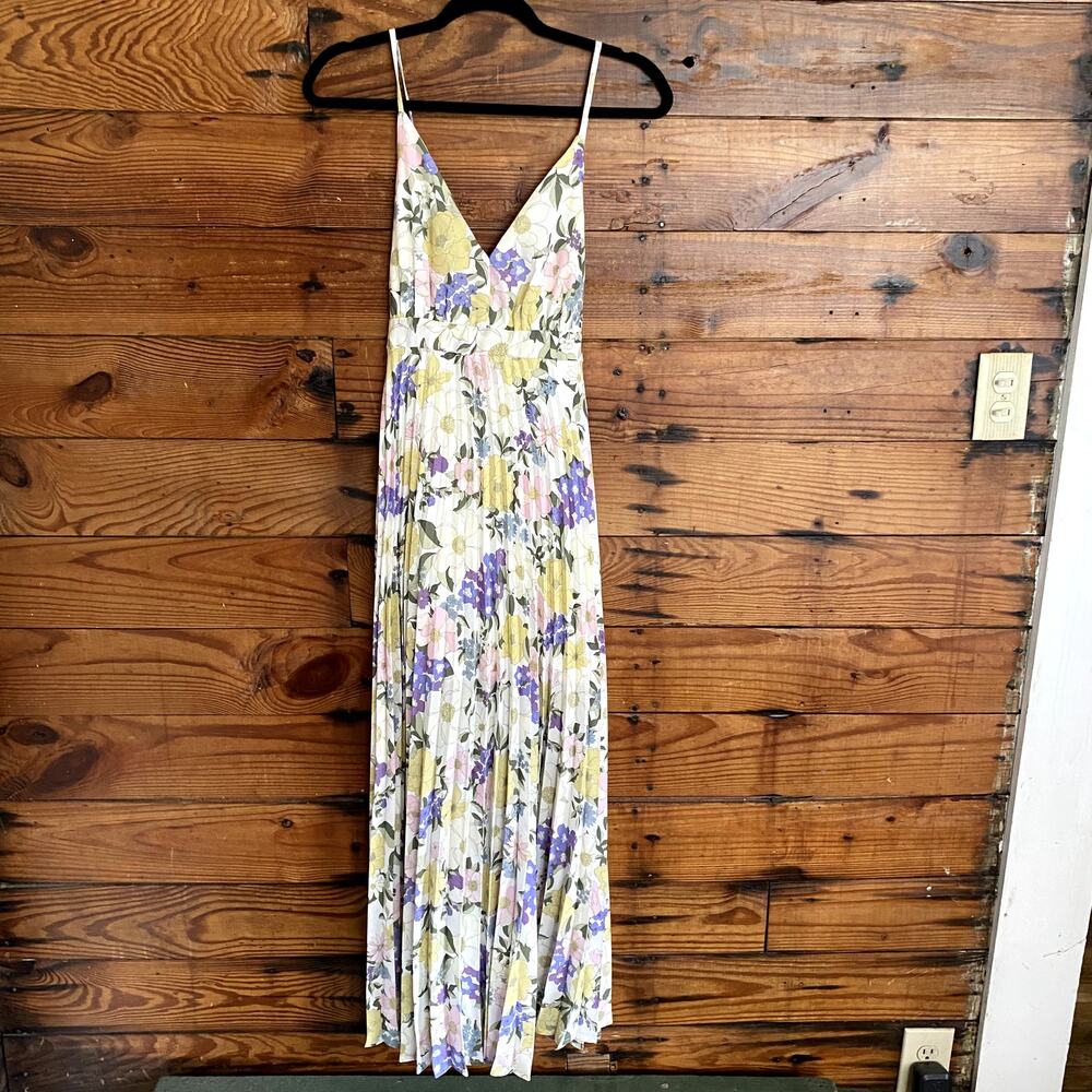 Jessica Simpson Floral Pleated Midi Dress in White, Yellow & Purple